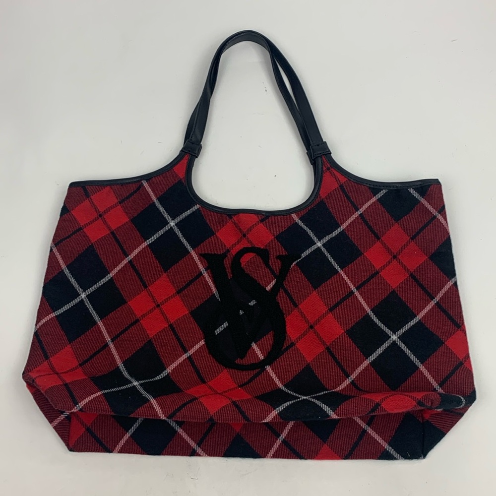 Victoria’s Secret Plaid Tote Bag Red Black Two straps Snap Close Lined New NWOT